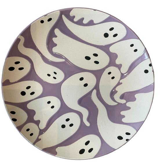 Halloween GHOST Appetizer Plates 7.5in Set of 4 Ceramic Pink & Purple NEW - Picture 5 of 10